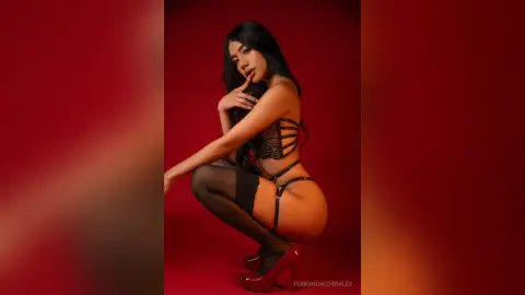 Glamorous woman in black lace lingerie and stockings posing against a moody red background.