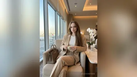 KylieHoneydew sits in a lounge chair by a large window, wearing a tan suit and holding a coffee cup.