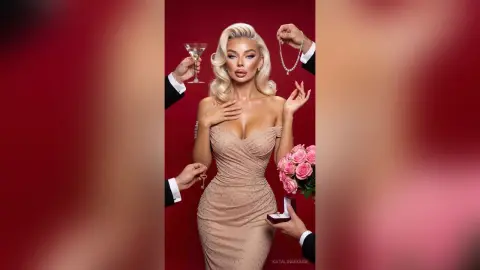 Glamorous blonde woman in a sparkling beige cocktail dress holding roses against a red background.
