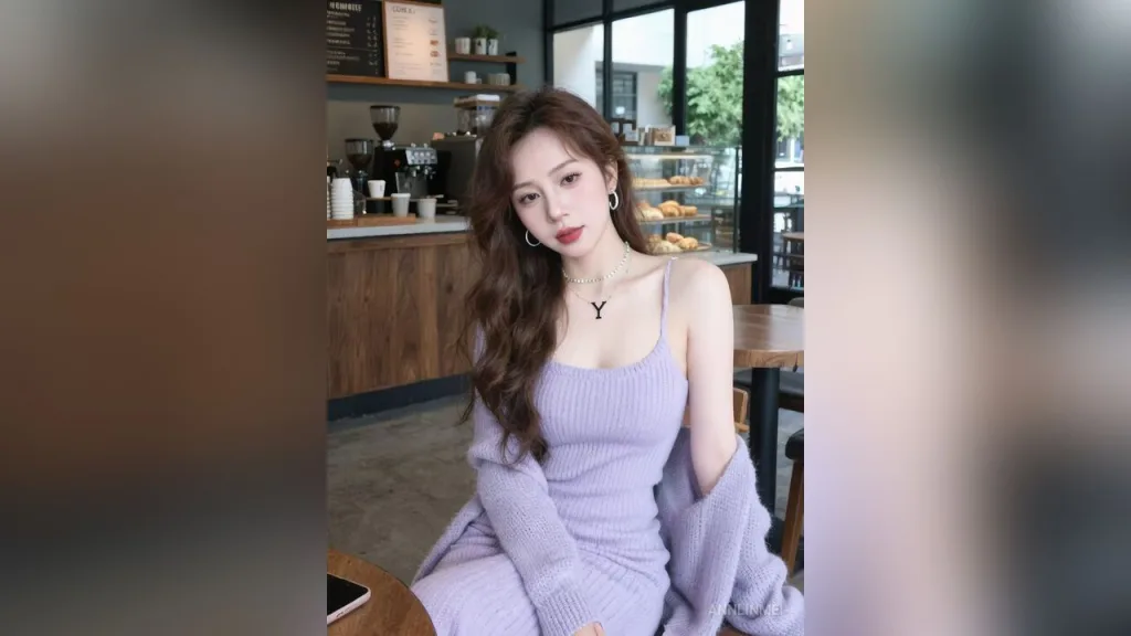 AnnLinMei — AnnLinMei sits at a cafe table wearing a lavender ribbed tank top and matching cardigan.