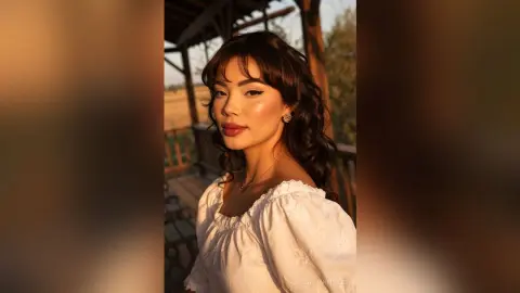 SophiaNapoles poses outdoors in a white off-the-shoulder top, showing her long wavy dark hair and gold earrings during golden hour.