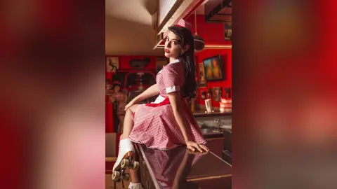 JessieLiu poses in a red and white checkered waitress outfit while sitting on a dark bar counter.