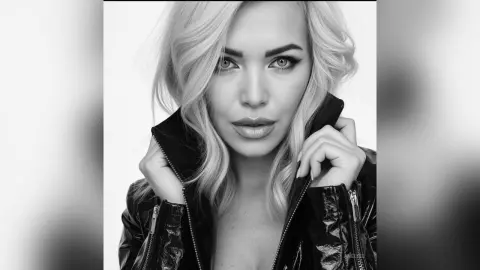 Anelise poses with her hands up near her face, wearing a shiny black jacket against a plain white background.