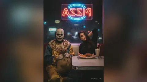Spooky clown and woman in black sitting at a diner booth under a neon pizza sign at night.