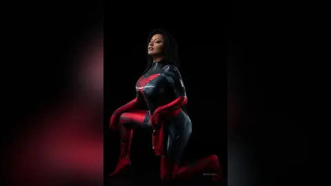 MissyJolie poses in a tight black and red bodysuit against a black background.