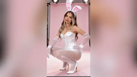 Smiling woman in white satin bunny costume and fishnet tights posing against a pink studio background.