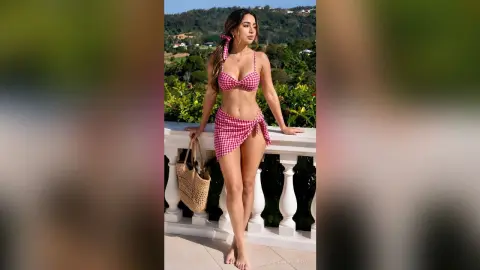 LilianMendoza poses on a white balcony wearing a red and white checkered bikini, looking over her shoulder against a lush green hillside.