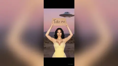 Woman in a yellow bodysuit holding a Take Me sign under a UFO in a desert sunset setting.