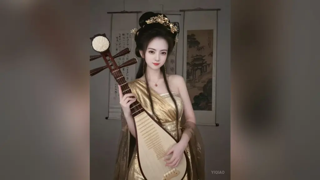 YiQiao — Elegant woman in gold traditional Chinese hanfu playing a pipa in a serene classical studio setting.