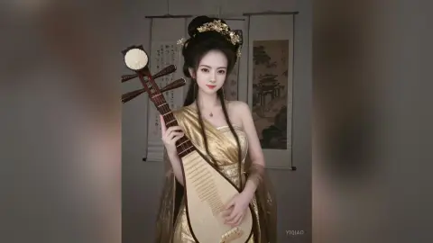 Elegant woman in gold traditional Chinese hanfu playing a pipa in a serene classical studio setting.