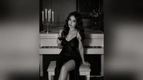 Elegant woman in a black satin dress holding a glass of red wine by a white piano in a moody, candlelit room.