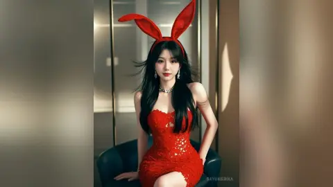 Beautiful woman in a red lace bunny costume sitting in a modern room with long black hair.