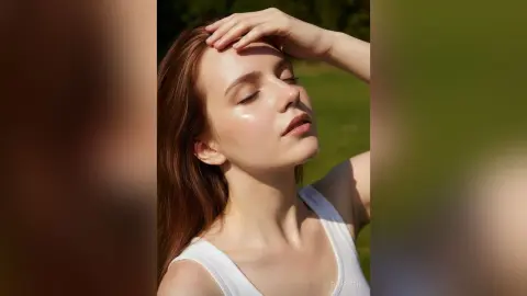 Young woman in a white tank top relaxing in sunny outdoor greenery with a peaceful expression.