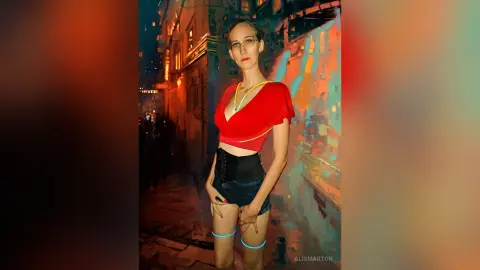 Woman in red top and denim shorts standing in a vibrant, neon-lit urban street at night.