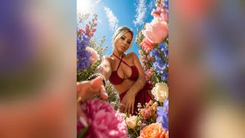 Lucine poses outdoors in a red bikini top and skirt, surrounded by bright pink and blue flowers under a clear blue sky.