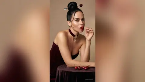 Elegant woman in a burgundy velvet dress eating a cherry against a neutral studio background.
