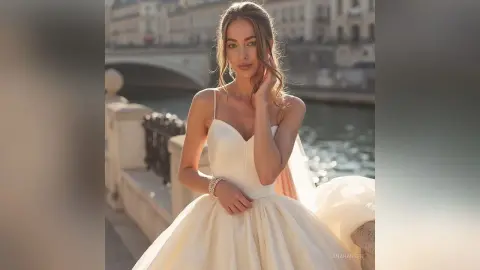 Elegant woman in a white satin wedding gown posing on a Parisian bridge during golden hour.