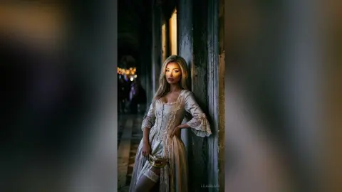 Elegant woman in a vintage lace gown posing in a moody, dimly lit historic stone corridor.