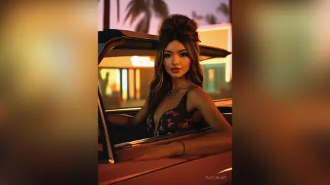 Glamorous woman in a floral dress sitting in a vintage convertible during a warm tropical sunset.