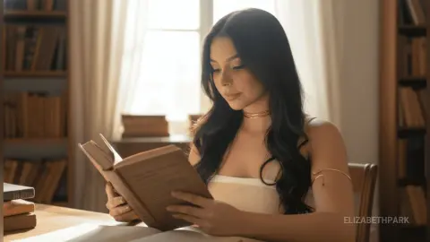 Serene young woman in a white top reading a book by a bright window in a cozy, sunlit home library.