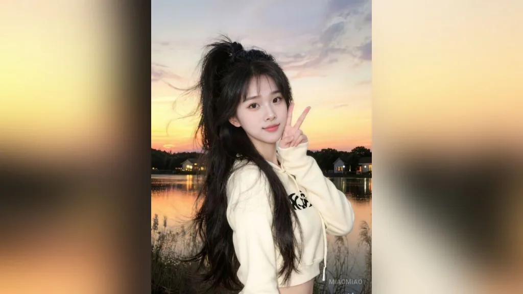 miaomiao — miaomiao poses with a peace sign in a white hoodie against a sunset lake background.