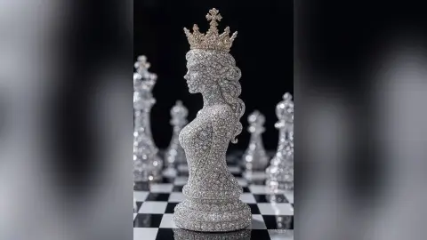 Hailey is a diamond-encrusted queen chess piece with a crown, set against a black and white checkered board.