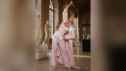 Elegant woman in a blush pink satin jumpsuit posing gracefully among classical white statues in a museum.