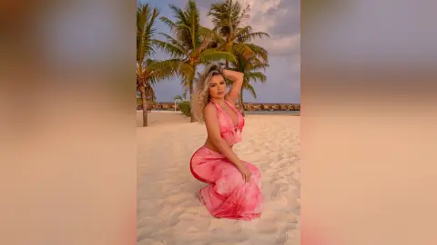 Blonde woman in a pink summer outfit posing on a tropical beach under palm trees at sunset.