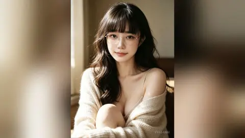 Young woman with glasses in a cozy white knit sweater sitting by a window in soft natural light.