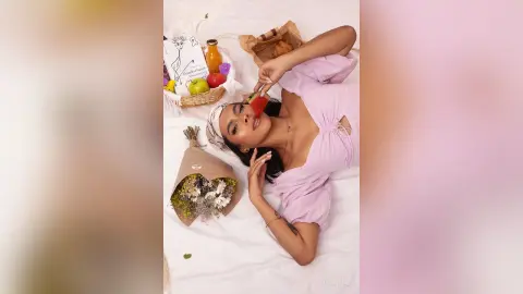 Young woman in a lavender dress eating a strawberry while relaxing on white bedding with fruit and flowers.