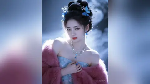 Elegant woman in blue lace dress and pink fur shawl wearing ornate butterfly hair accessories and jewelry.