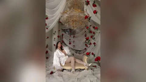 BettyBlossom — BettyBlossom reclines in a white robe and sheer stockings on a white draped set decorated with red roses.