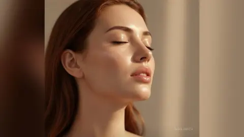 Close-up of a young woman with glowing skin and closed eyes in warm, soft sunlight for a natural beauty look.