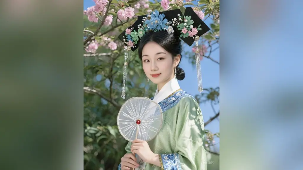 feier — feier poses outdoors wearing a light green traditional hanfu and a large floral headpiece while holding a white paper fan.