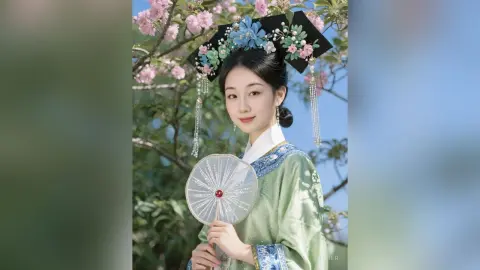Elegant woman in traditional green Hanfu holding a lace fan amidst blooming pink cherry blossoms.