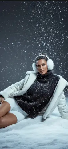 Woman in white winter coat and black turtleneck sweater sitting in falling snow for a cozy seasonal look.