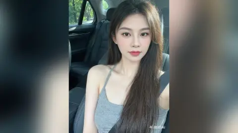 Young woman in a grey tank top sitting in a car with a relaxed, natural expression.
