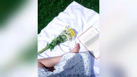 IsabellaYork — Woman in a blue floral dress relaxing on a white blanket with wildflowers and a book in a sunny meadow.