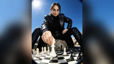 Woman in black leather jacket playing chess outdoors on a sunny day with a thoughtful mood.