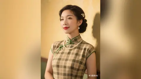 Elegant woman in a vintage plaid cheongsam standing against a warm gold background with a serene expression.