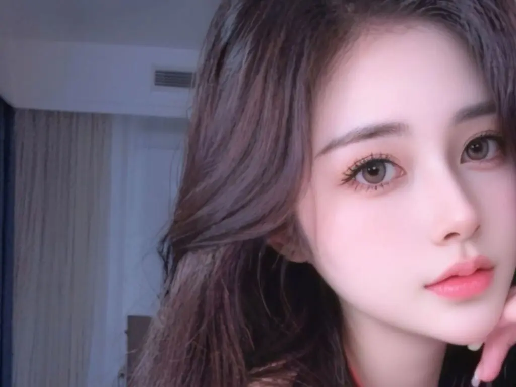 Close-up portrait of a young woman with long brown hair and soft makeup in a bright indoor setting.