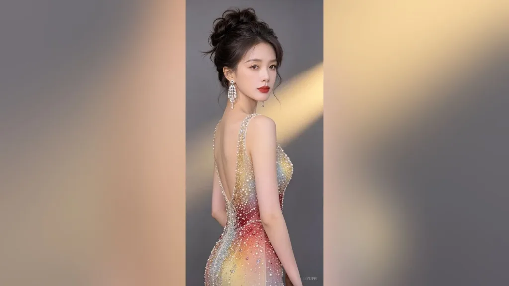 liyufei — liyufei poses in a low-back sequined evening gown with her dark hair in an updo.