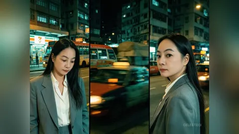 CelesteQi — CelesteQi wears a grey blazer and white shirt while standing on a city street at night.