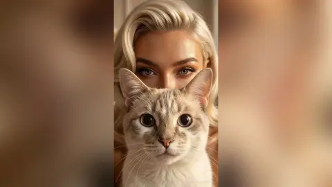 Blonde woman with blue eyes peeking from behind a cute grey tabby cat in a warm, cozy indoor setting.