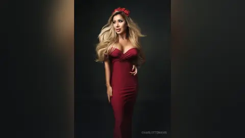 Elegant woman in a glamorous red evening gown posing against a dark studio background.