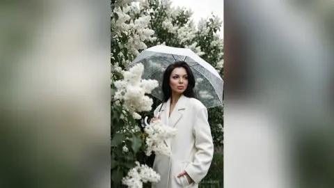 Elegant woman in a white coat holding a clear umbrella amidst blooming white lilac flowers on a rainy day.