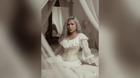 Elegant woman in a white ruffled gown sitting on a bed in a dreamy, ethereal bedroom setting.