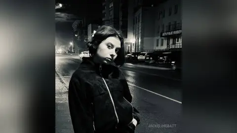 Moody black and white portrait of a young woman in a dark jacket standing on a city street at night.