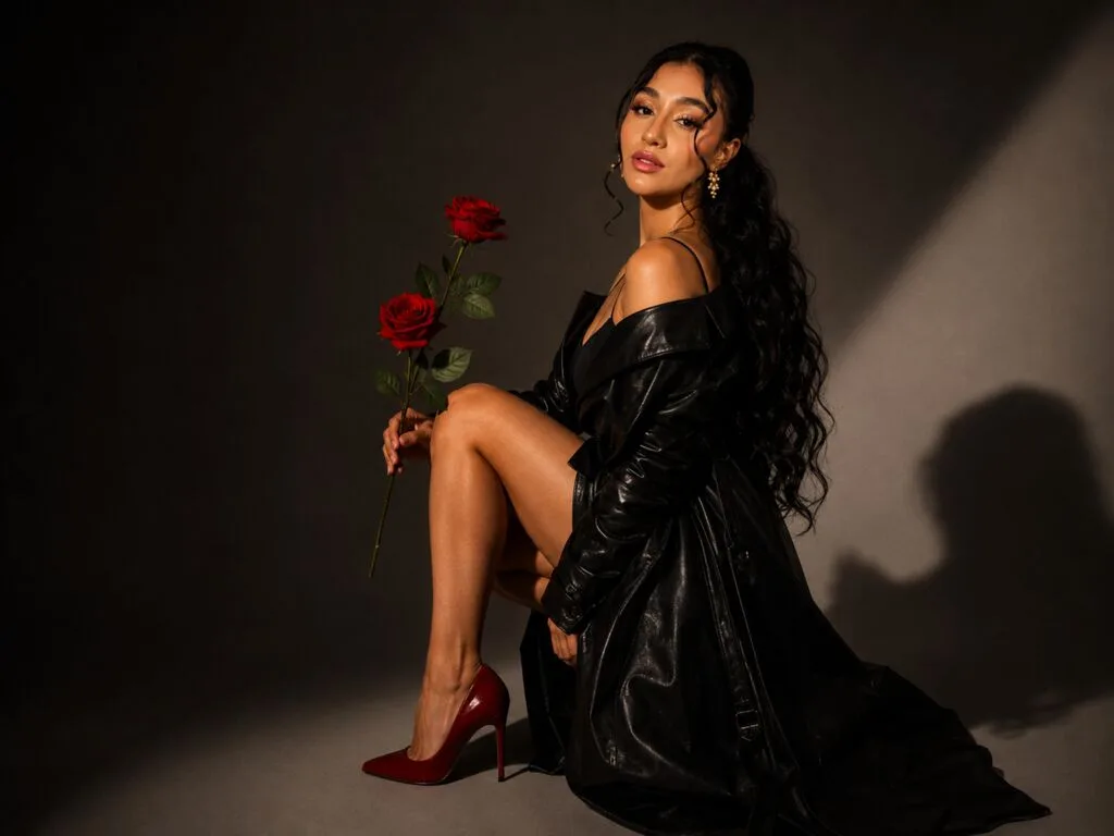 VictoriaRohux poses in a black leather coat and red high heels while holding red roses.