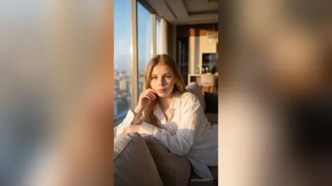 Blonde woman in a white button-down shirt relaxing by a window during golden hour in a modern apartment.